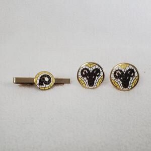 Vintage Anson Brass Rams Head Aries Cuff Links and Tie Clip Enamel Mosaic Inlay